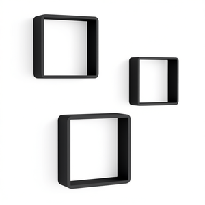 Set di 3 mensole a cubo moderne in MDF nero, grandi, medie e piccole, per esposizione e conservazione, design minimalista da parete, per soggiorno. - Product Image 1