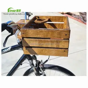 Wholesale price, Vintage wood crate for urban cycling with the build in umbrella and cup holder bike front rack tour pannier