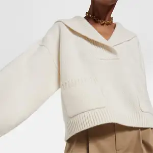 Knitwear Supplier Custom Women's Cotton Cashmere Blend Turn-down Collar Long Sleeve Crop Top Knitted Pullover Sweater Women