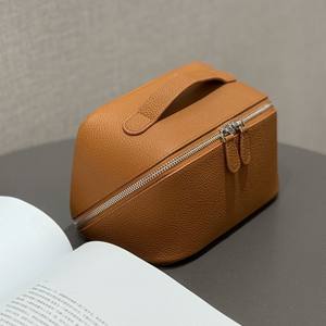 Bolsa de Maquillaje Simple de Alta Gama con Cremallera de Cuero Genuino para Viajes, Portátil, de Gran Capacidad, Anti-Robo y Ligera - Product Image 2