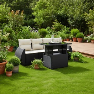 Conjunto de sofá de jardín de ratán negro con estructura de acero con recubrimiento en polvo y vidrio templado, muebles de exterior para uso en jardín. - Product Image 2