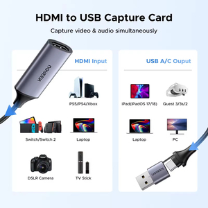 Tarjeta de Captura UGREEN Full HD 1080P, HDMI a USB 2.0, Tarjeta de Captura de Video HDMI, Grabación de Audio USB-A/USB-C para Juegos y Transmisión - Product Image 5