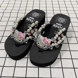 Trendy Cute Kitten Thick-soled <b>Flip</b>-<b>flops</b> with Rhinestones Ladies and Girl Pearls for Summer Beach Sandals - Product Image 4