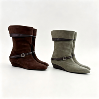 Bottes mi-mollet imperméables en faux daim à bout pointu et talon compensé pour femme, avec revers rabattable et bride à boucle métallique, style vintage, personnalisables et tendance