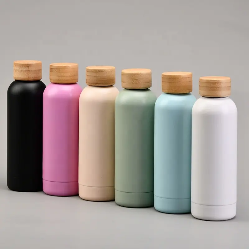 Eco friendly 500 ml double wall vacuum insulated water bottle custom powder matte bottle stainless steel cup with bamboo lid