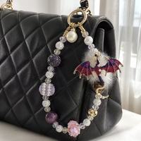 Cadena para Teléfono de Lujo Dragón Morado, Llavero de Oro Esmaltado con Cuentas de Cristal, Colgante para Bolso, Pompón de Pelo, Joyería Hecha a Mano al por Mayor