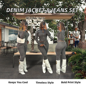 Ensemble 2 pièces en jean pour femme, style vintage, respirant, coupe classique, imprimé plissé, couleur personnalisée - Product Image 2