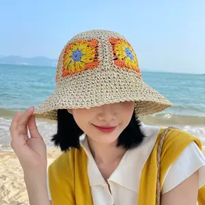 Topi pantai tepi lebar untuk dewasa, topi ember jerami rajut musim panas, topi pantai lipat bersirkulasi udara motif bunga