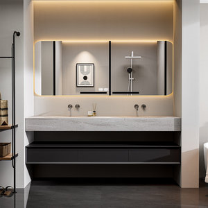 Meuble de salle de bain suspendu en bois d'hévéa, style hôtel de luxe léger, avec vasque intégrée et armoire miroir intelligente - Product Image 1