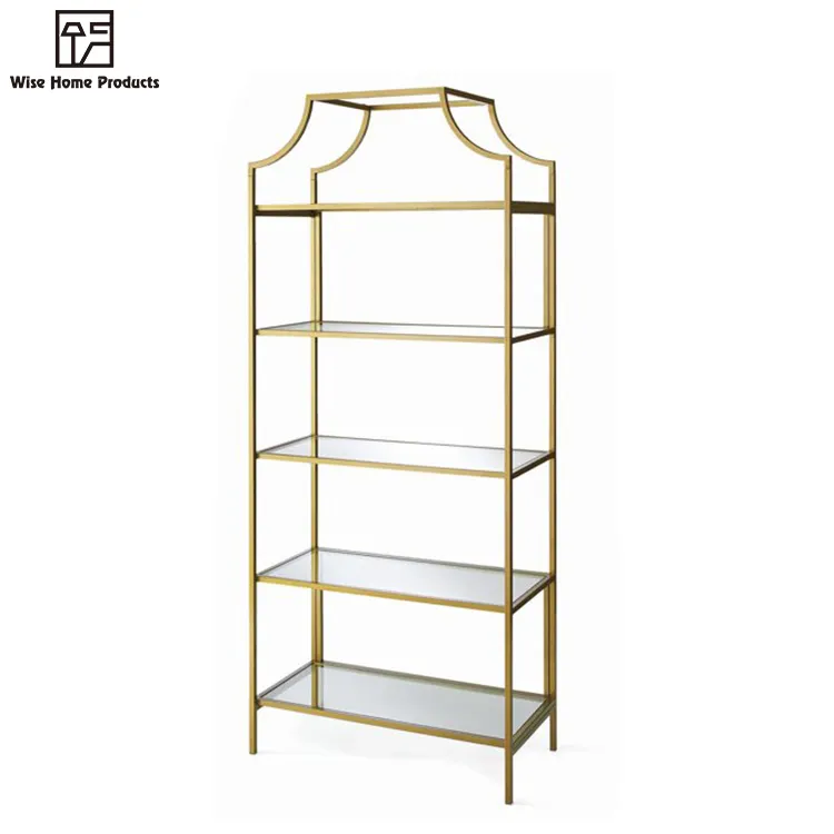 New Design Modern 5 Tier Glass Vertical Stainless Steel Gold Etagere Metal Bookshelf