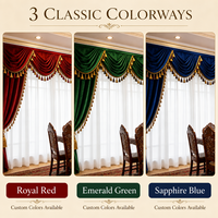 Rideaux en velours européens de luxe avec cantonnière et pompons, occultants, style royal vintage, pour salon, villa, hôtel