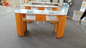 Table de Manucure Double de Luxe en Pierre Frittée, Orange Ambre Premium, avec Revêtement en Cuir Plissé, Poste de Travail Professionnel pour 2 Personnes en Salon - Product Image 6