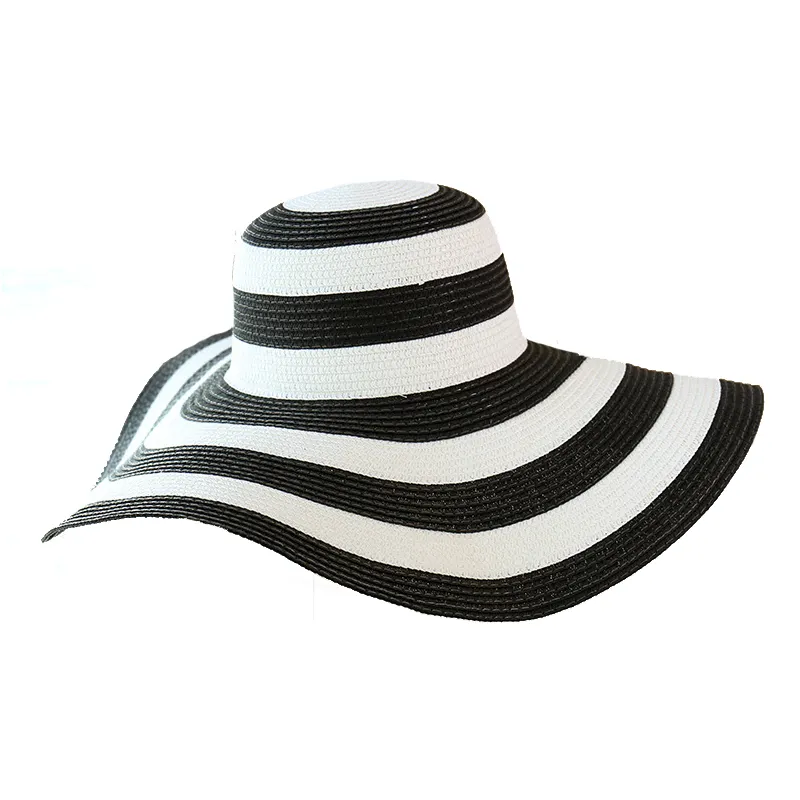 Classical Striped Straw Hat Summer Beach Holiday Viosr Oversize Brim Fashionable Lady Bowloer Wholesale Low Price Cap