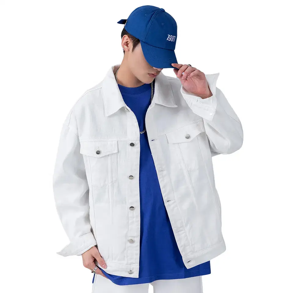 Toptan tasarım beyaz Streetwear kot özel erkek ceket özel erkekler için serin açık Denim ceketler