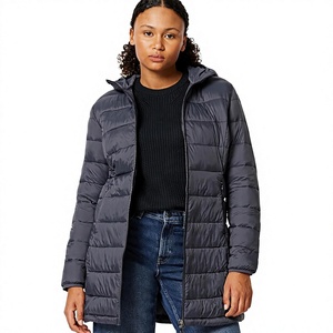 Veste d'hiver longue noire à capuche, coupe-vent, zippée, en duvet - Product Image 2