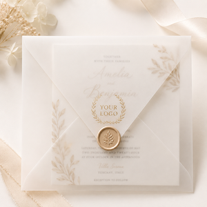 Enveloppe en vélin doré à chaud de qualité supérieure et enveloppe d'invitation translucide avec boîte en carton rigide assortie pour mariage de luxe - Product Image 1
