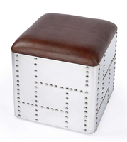 Tabouret Pouf Aviateur en Cuir Véritable Style Loft Industriel Rétro Luxe, Banc Confortable Capitonnée Vintage pour Chambre à Coucher