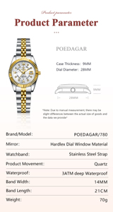 Nuevo POEDAGAR <span class=keywords><strong>780</strong></span> marca de lujo reloj de cuarzo para mujer de alta calidad resistente al agua de acero inoxidable reloj de pulsera señora relojes Relojes - Product Image 4