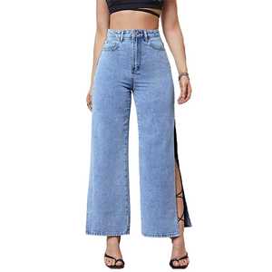 Summer New Women's High Waist Wide Leg Denim Pants Cotton Breathable Sexy Long Split Hem Straight Leg Fashion Jeans Pants - Product Image 1