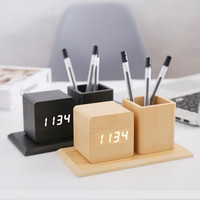 Amazan – support de stylo de bureau, table porte-stylo en bois de bambou, réveil numérique à led avec affichage de la date et de la température, offre spéciale
