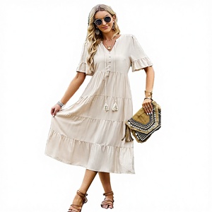 เดรสแฟชั่นพิมพ์ลายสำหรับผู้หญิง PRETTY STEPS ผ้าทอระบายอากาศได้ดี สไตล์วินเทจธรรมชาติ สำหรับฤดูใบไม้ผลิ/ฤดูร้อน ทรงพลิ้วสวย - Product Image 3