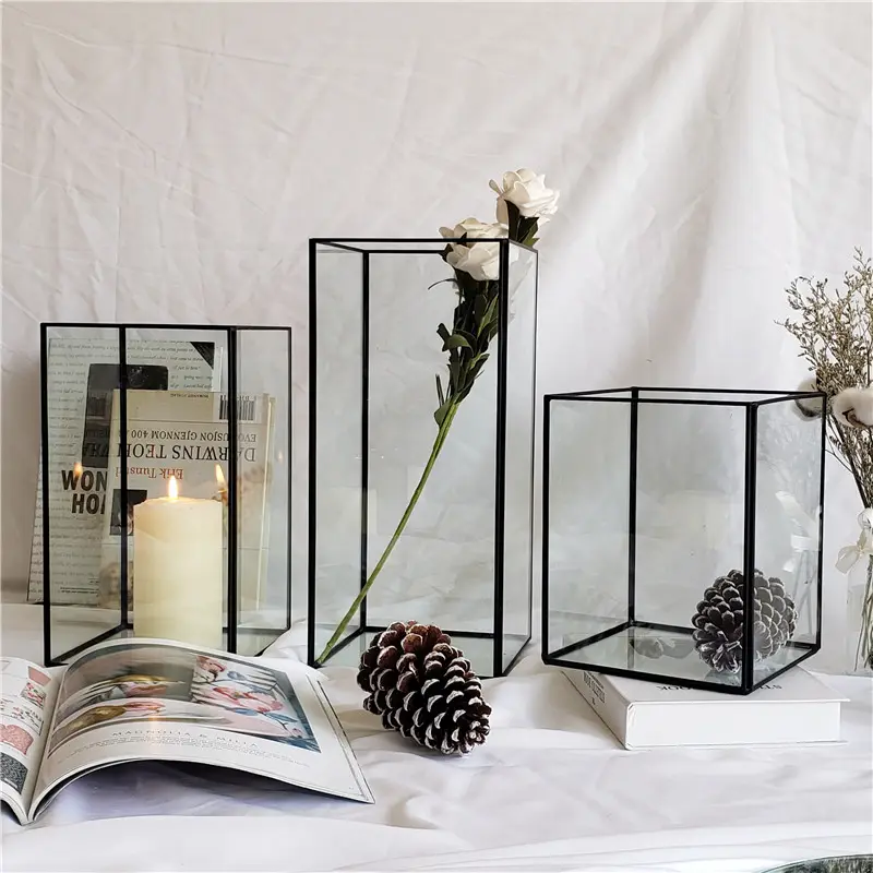 Suporte de vela de vidro de luz quente personalizado, suporte de vela geométrico preto votivo para decoração em 3 tamanhos