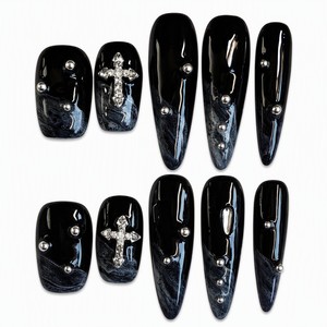 Faux ongles à presser en marbre noir avec strass en croix, couvrance totale, amovibles, pour femmes - Product Image 1