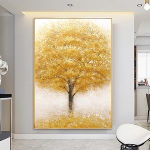 Peinture à l'huile abstraite peinte à la main, arbre à argent doré, cadre doré, rectangle, art mural moderne minimaliste pour salon, décoration murale suspendue - Product Image 3
