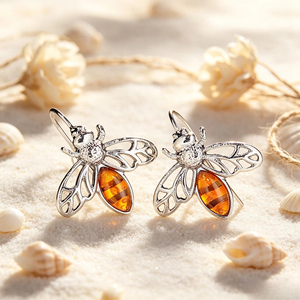 Amber <b>Bee</b> Shaped Stud Earrings, Vintage Insect Pattern Ear Jewelry For Daily Outfit - Product Image 1