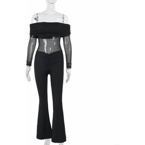 Combinaison noire personnalisée 2026 pour femme, taille haute, manches longues, maille transparente, jambes évasées, tenue une pièce sexy pour club - Product Image 5
