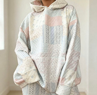 Setelan Hoodie dan Celana Wanita Kasual Dua Potong dengan Saku Kanguru Ukuran Besar, Motif Patchwork Gingham Floral, Custom OEM