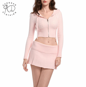 Produttore di maglieria KD personalizzabile in maglia <span class=keywords><strong>rosa</strong></span> Casual pieghevole su gonna a metà vita con Zip <span class=keywords><strong>Cardigan</strong></span> <span class=keywords><strong>donna</strong></span> 2 pezzi - Product Image 2