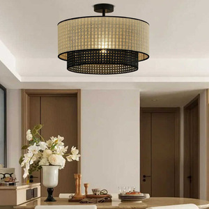 Japanese Wabi Sabi Style Raffia Pendant <b>Light</b> Round Black E27 Chandelier For <b>Dining</b> Living Bedroom Study - Product Image 4
