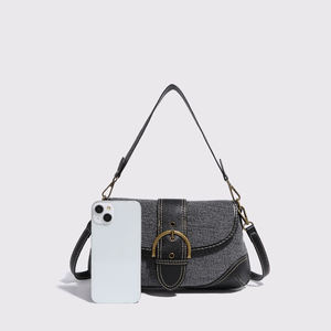 Denim <b>patchwork</b> shoulder <b>bag</b> metal buckle retro casual - Product Image 5