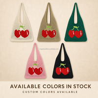 Gebreide tas met kersenpatroon, opengewerkt, rode fruitprint, zacht, lichtgewicht, 35x58cm, aangepast logo, OEM, groothandel, export, levering