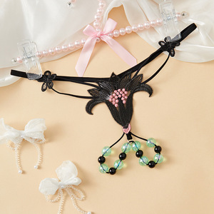 Plus Size <b>Sexy</b> <b>Thong</b> Black Nylon Woven Open Crotch Beaded Design Women Underwear - Product Image 1