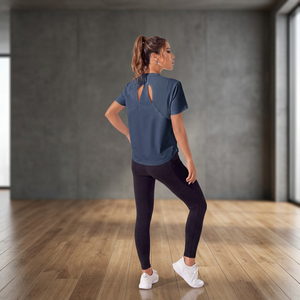 Haut de yoga à manches courtes pour femme avec découpe au dos, respirant, coupe régulière, couleur unie, pour l'entraînement - Product Image 1