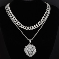 Nouveau Glacé Fantaisie Mode Plein Foret En Acier Inoxydable Alliage Ensemble Bling Grande Tête De Lion Pendentif Chaîne Collier Animal Forme Motif