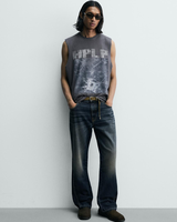 Débardeur Homme Personnalisé Noir Délavé à l'Acide, Coupe Oversize, 95% Coton 5% Spandex, Col Rond, Impression Sérigraphique