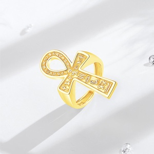 Ultima moda 925 in argento Sterling placcato in oro 18K gioielli religiosi egizi Ankh forma di croce anelli aperti per uomo o donna - Product Image 3