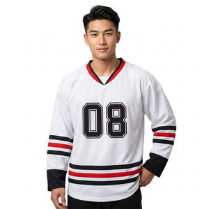 เสื้อฮอกกี้น้ำแข็งสีขาวสำหรับผู้ชาย คอวี แขนยาว ระบายอากาศได้ดี แห้งเร็ว พิมพ์ลายหัวใจด้วยเทคนิค Sublimation น้ำหนัก 180 กรัม ผลิตจากโพลีเอสเตอร์ 100% - Product Image 1