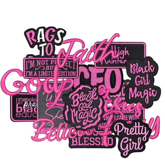 Pink/Black Trendy Handmade Letter Embroidery Sequins Iron-on Felt Patches Various Inspirational Words for Clothings Caps Bags