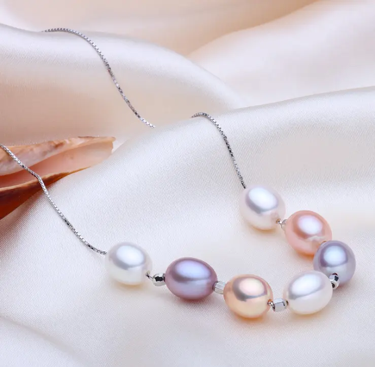 Collana di perle coltivate in vera acqua dolce d'acqua dolce a forma di riso in argento sterling 925 di grado AAA genuino