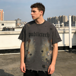 Camiseta Personalizada de Estilo Urbano, 100% Algodón, 300GSM, Negra, con Pintura en Aerosol, Estampado Digital Desgastado, Lavado Ácido, Camiseta para Hombre con Logotipo Frontal - Product Image 3