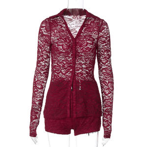 Conjunto <span class=keywords><strong>de</strong></span> Dos Piezas <span class=keywords><strong>de</strong></span> <span class=keywords><strong>Encaje</strong></span> para Mujer en Dos Colores, Camisa Transparente con Botones y Pantalones Cortos Tipo Boyleg, Tallas S-L - Product Image 2