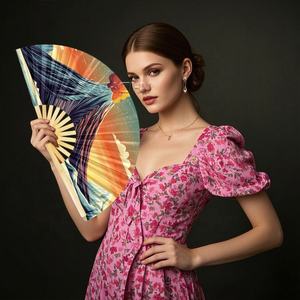 Abanico plegable de bambú hecho a mano, diseño de publicidad de arte popular, patrón Floral, recuerdo decorativo de fiesta de 33cm - Product Image 2