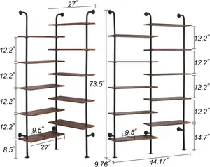 Bookshelf 10-Tier L Shaped Industrial Wall Mount Modern Bookcase With Metal Frame And Wood Industrial Corner Pipe Shelf