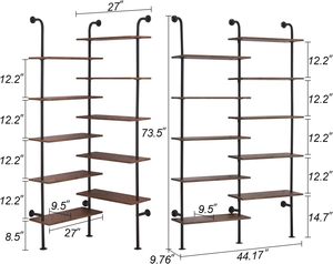 Kệ sách, hình chữ L 10 tầng, giá treo tường công nghiệp, tủ sách hiện đại với khung kim loại và gỗ, Kệ ống góc công nghiệp - Product Image 1