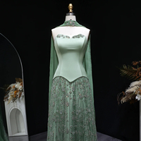 Lsz627 Elegante Vestido de Noche Verde Sirena con Bufanda, Vestido de Fiesta Formal para Mujer con Cuentas de Lujo Color Champán, Jancember