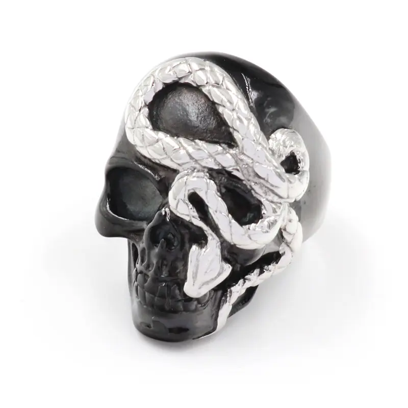 Wholesale Gothic Pure Black Chunky Head Skull Ring Punk Rock Carving Silver Snake Rings for Men